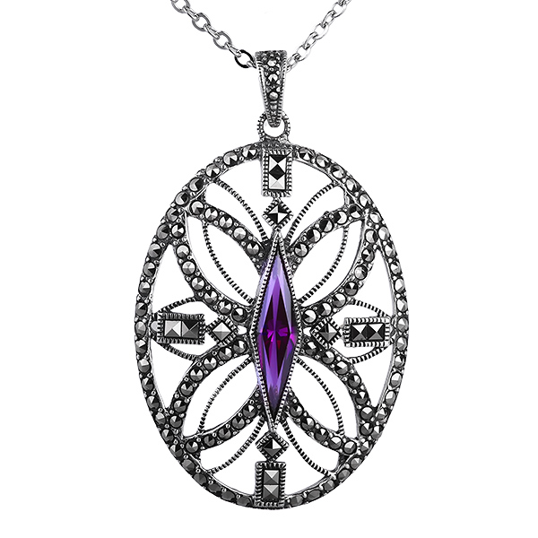 

Серебряный кулон на цепи ALEXANDRE VASSILIEV с фианитом цвета "Аметист" и марказитами Swarovski TJP316