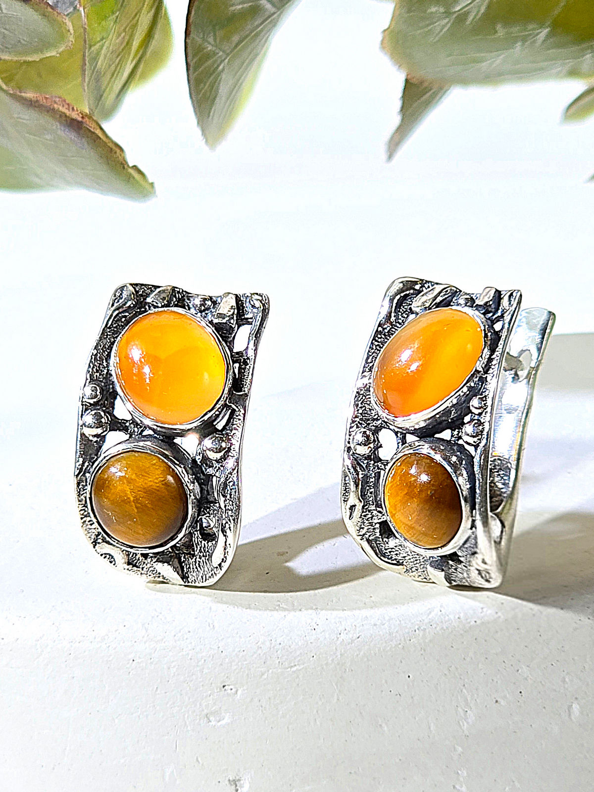 Серебряные серьги ETERI с сердоликом и тигровым глазом