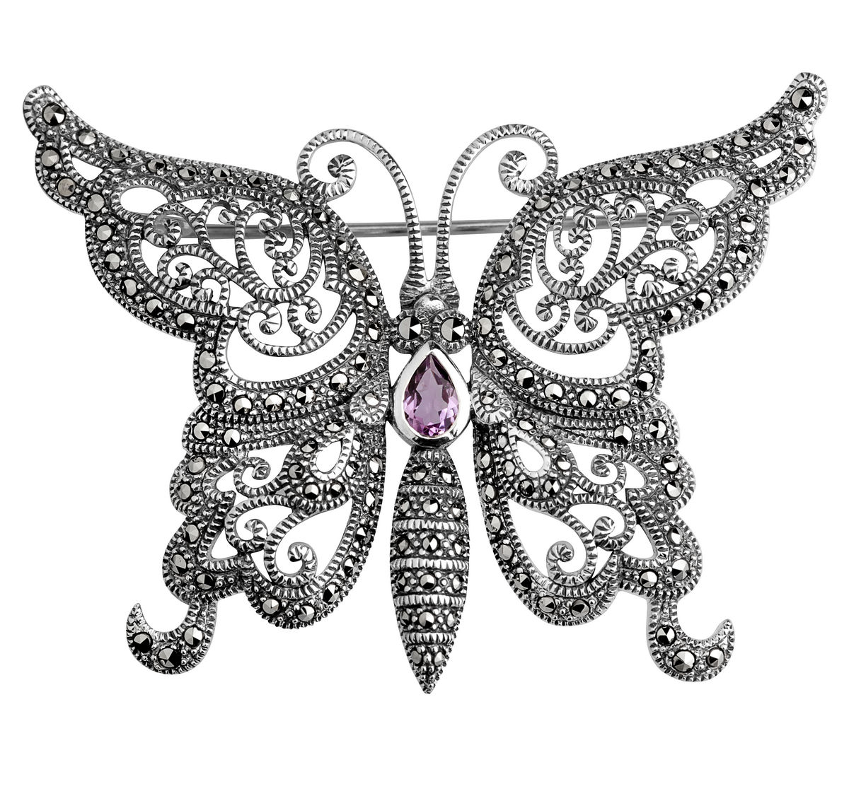 Серебряная брошь ALEXANDRE VASSILIEV с марказитами Swarovski и аметистом
