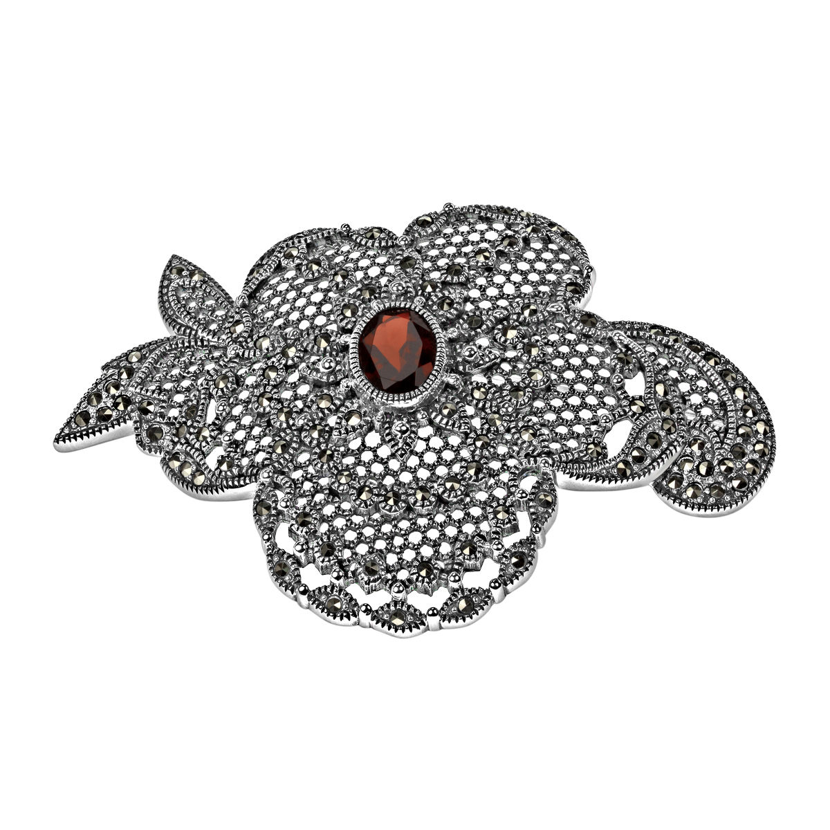 Серебряная брошь ALEXANDRE VASSILIEV с гранатом и марказитами Swarovski