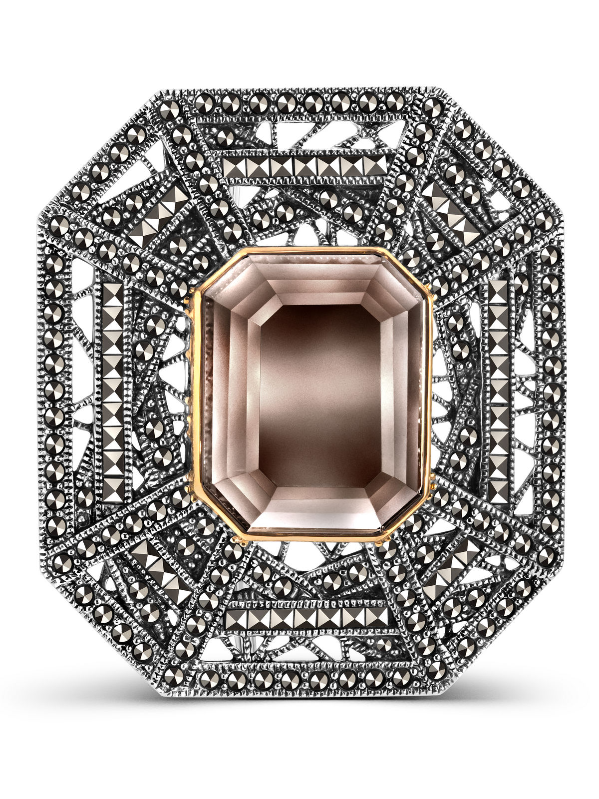 Серебряная брошь ALEXANDRE VASSILIEV с раухтопазом и марказитами Swarovski и позолотой
