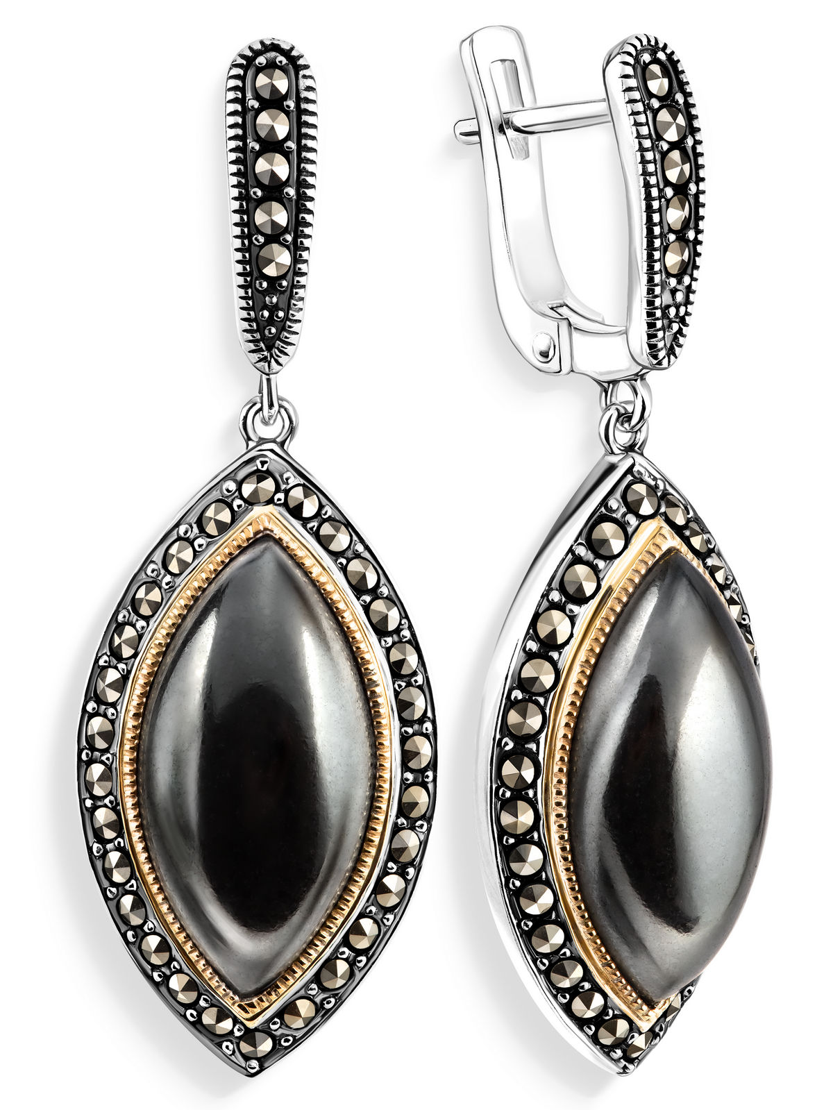 Серебряные серьги ALEXANDRE VASSILIEV с гематитом, марказитами Swarovski и позолотой