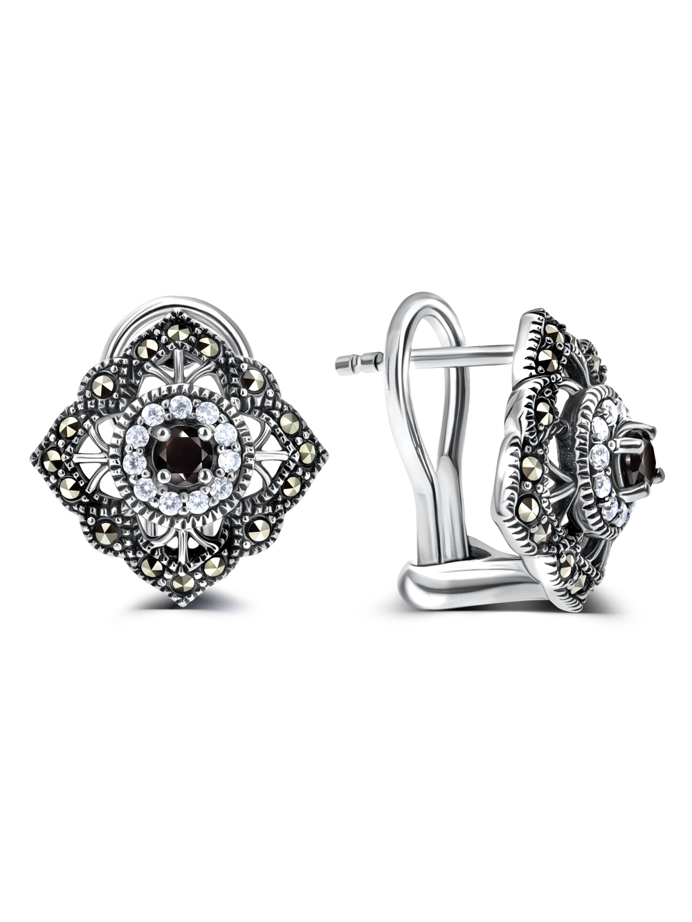 Серебряные серьги ALEXANDRE VASSILIEV с черной шпинелью, фианитами и марказитами Swarovski