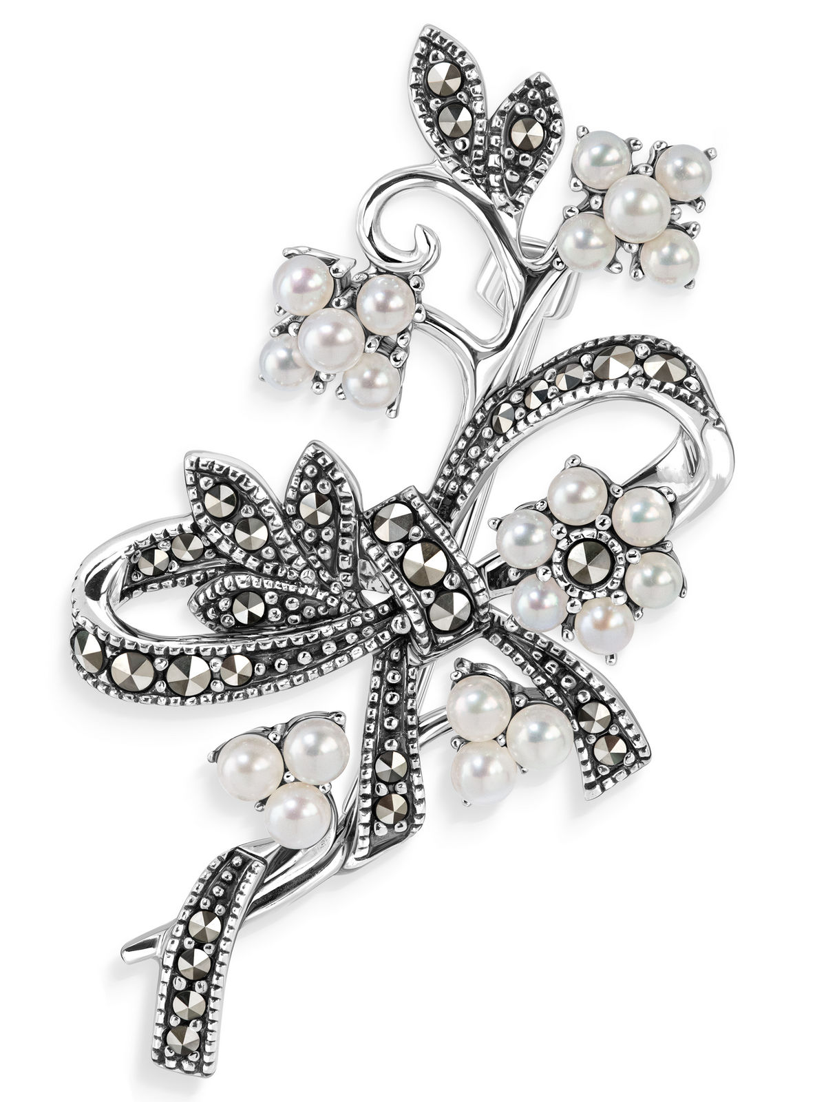Серебряная брошь ALEXANDRE VASSILIEV с марказитами Swarovski и микрожемчугом