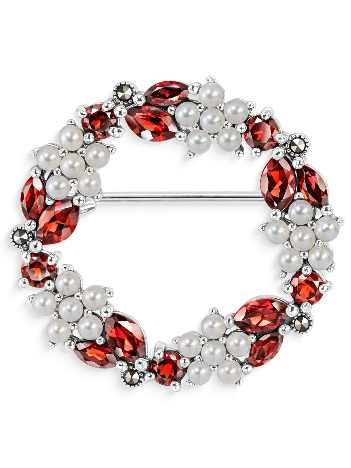 Серебряная брошь ALEXANDRE VASSILIEV с гранатом, микрожемчугом и марказитами Swarovski