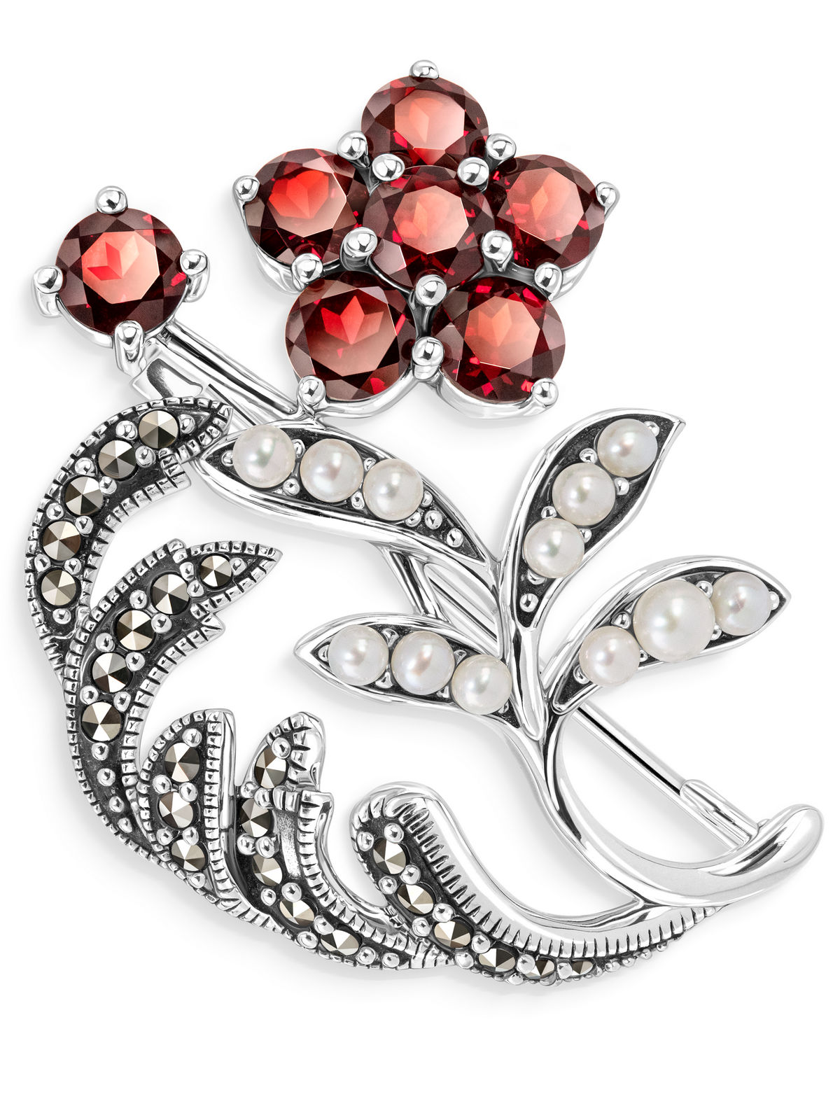 Серебряная брошь ALEXANDRE VASSILIEV с гранатом, микрожемчугом и марказитами Swarovski