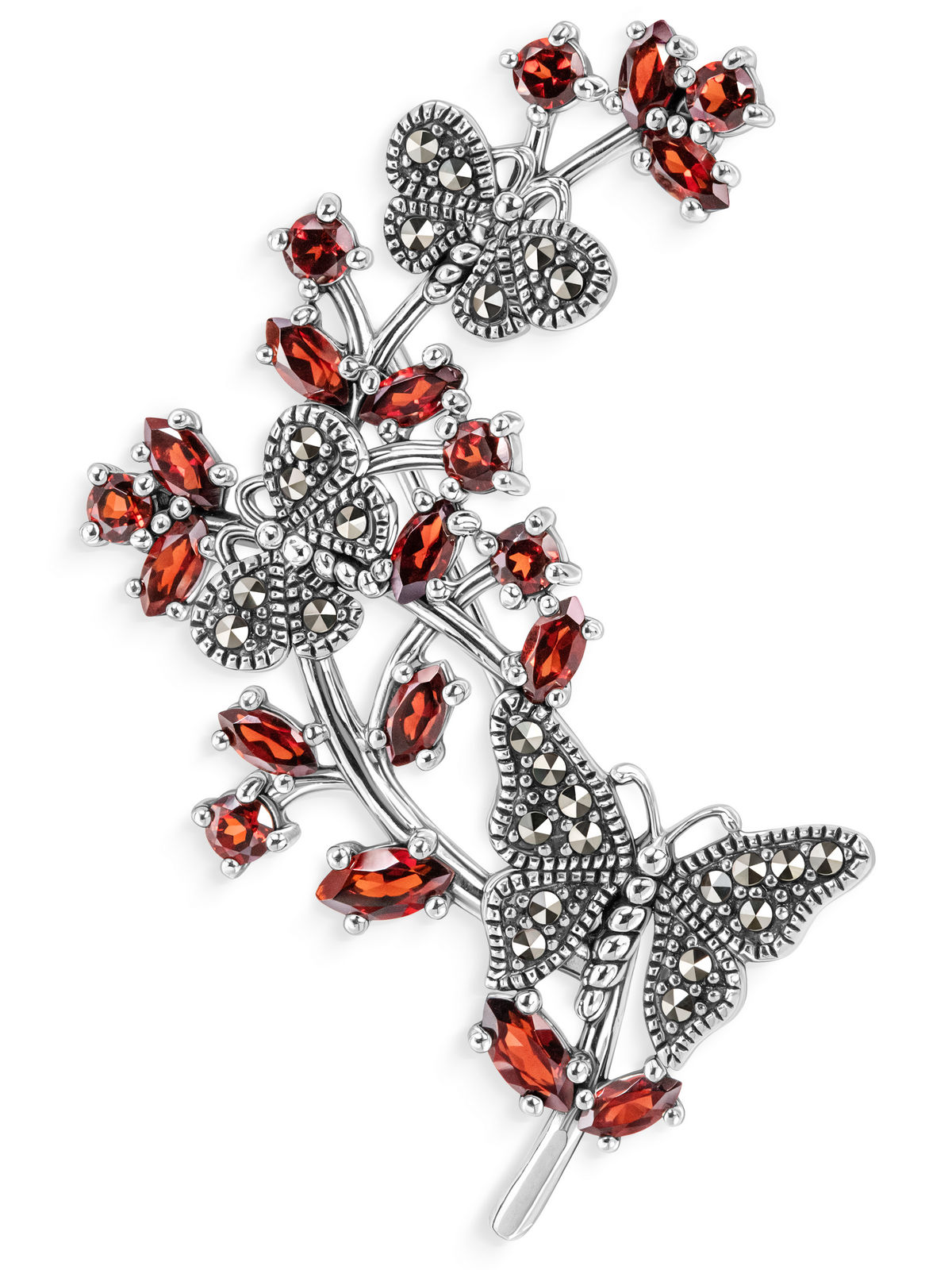 Серебряная брошь ALEXANDRE VASSILIEV с гранатом, микрожемчугом и марказитами Swarovski