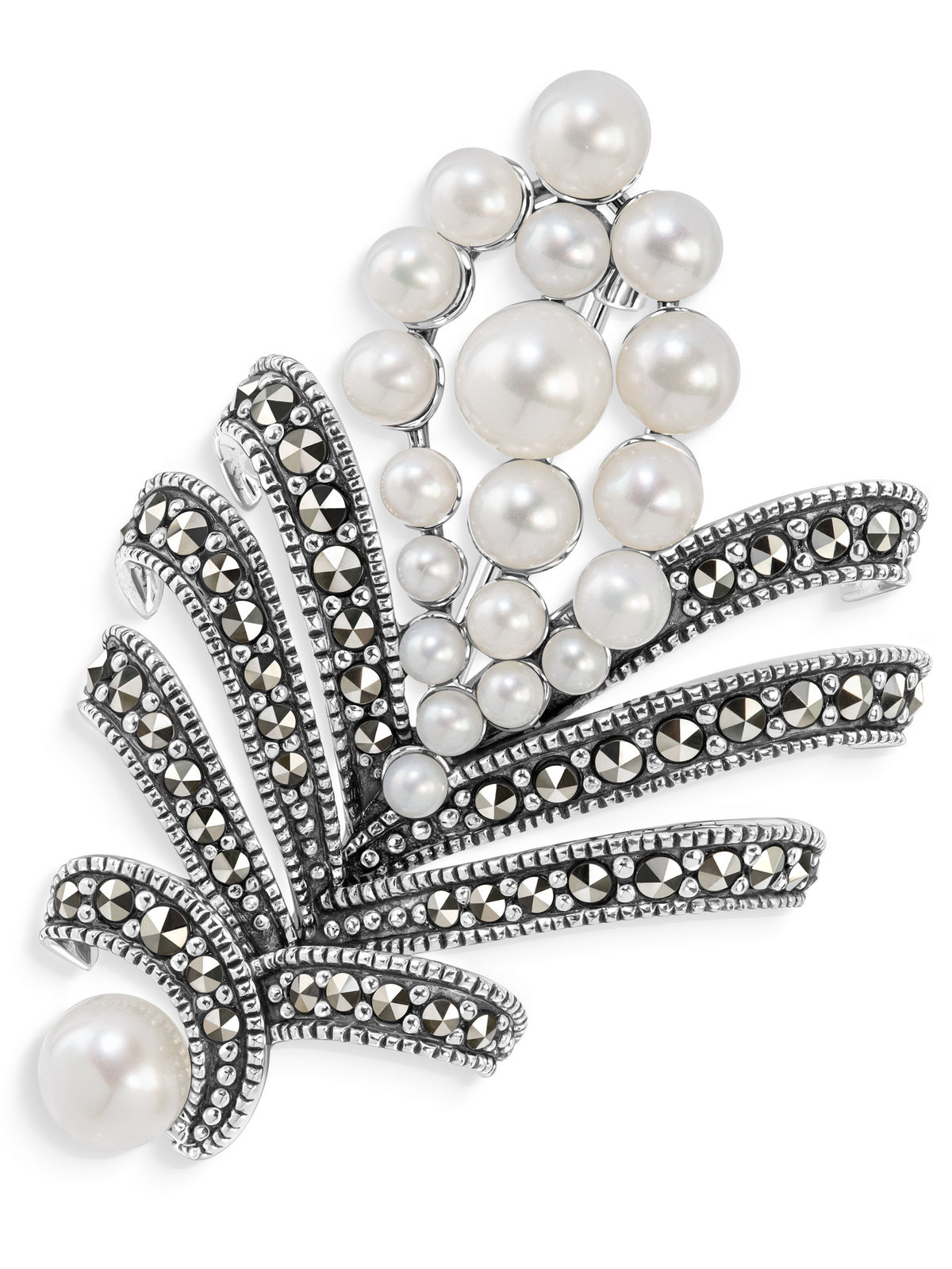 Серебряная брошь ALEXANDRE VASSILIEV с марказитами Swarovski и микрожемчугом