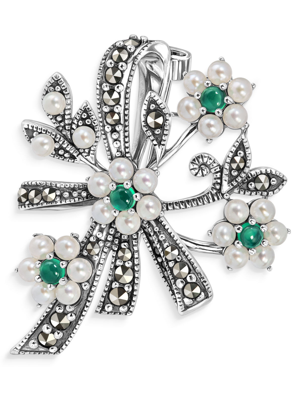 Серебряная брошь ALEXANDRE VASSILIEV с зеленым агатом, марказитами Swarovski и микрожемчугом