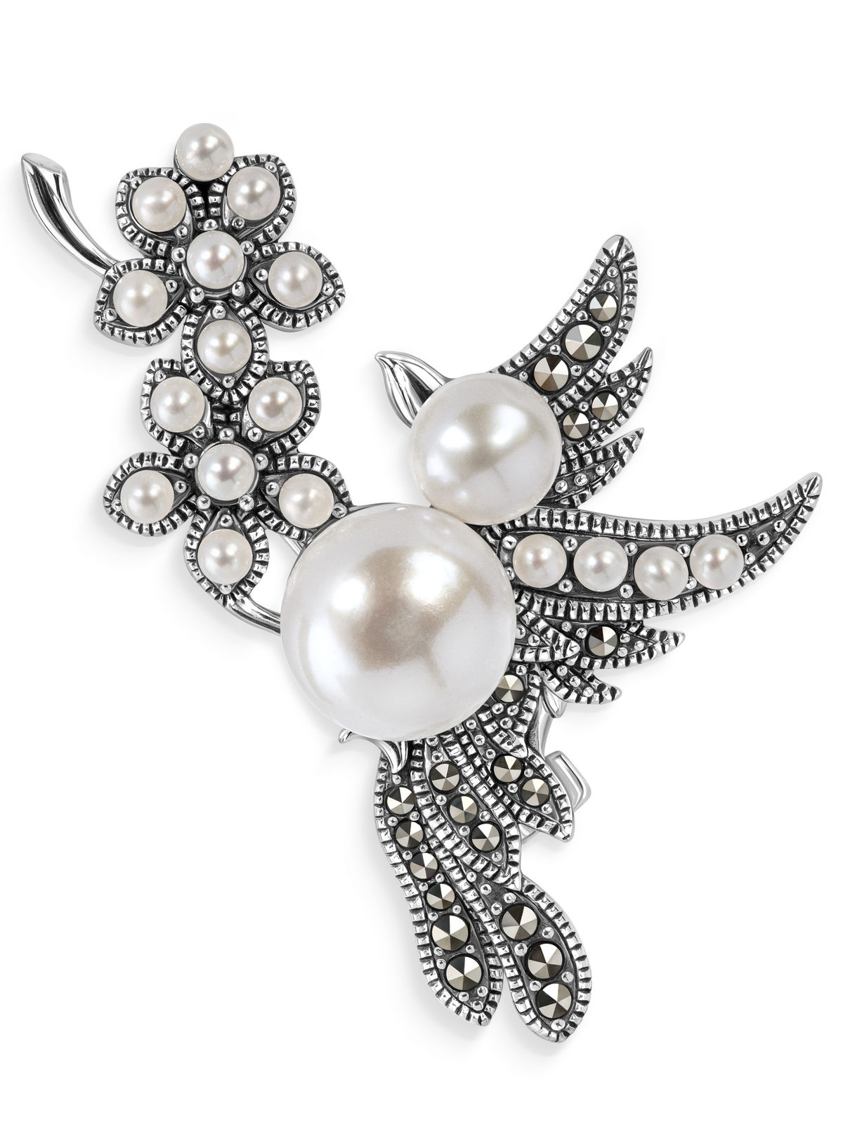 Серебряная брошь ALEXANDRE VASSILIEV с марказитами Swarovski, жемчугом и микрожемчугом