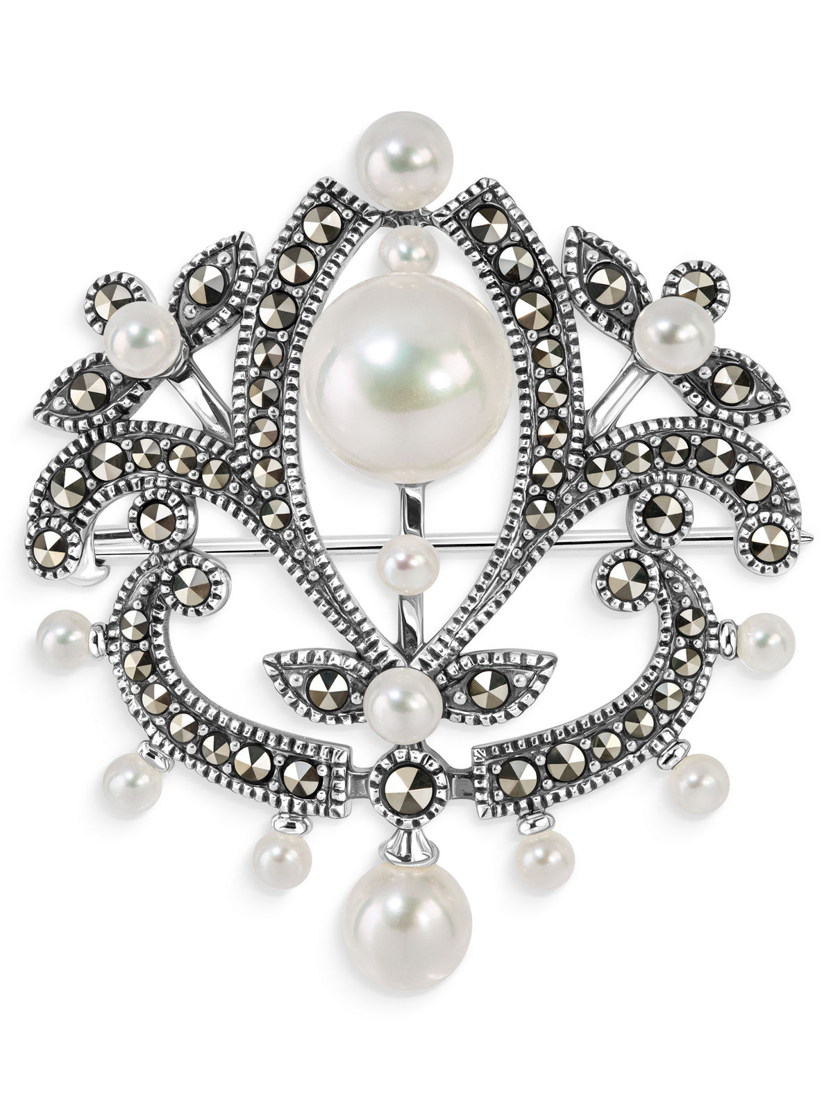 Серебряная брошь ALEXANDRE VASSILIEV с марказитами Swarovski, жемчугом и микрожемчугом