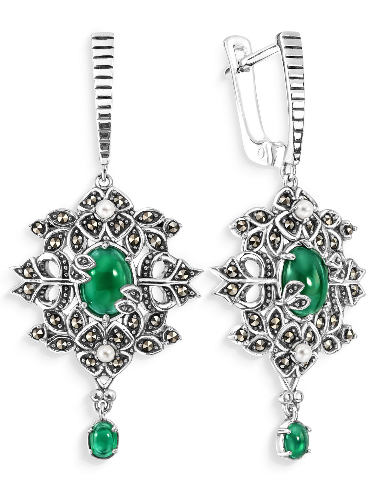 Серебряные серьги ALEXANDRE VASSILIEV с зеленым агатом, микрожемчугом и марказитами Swarovski