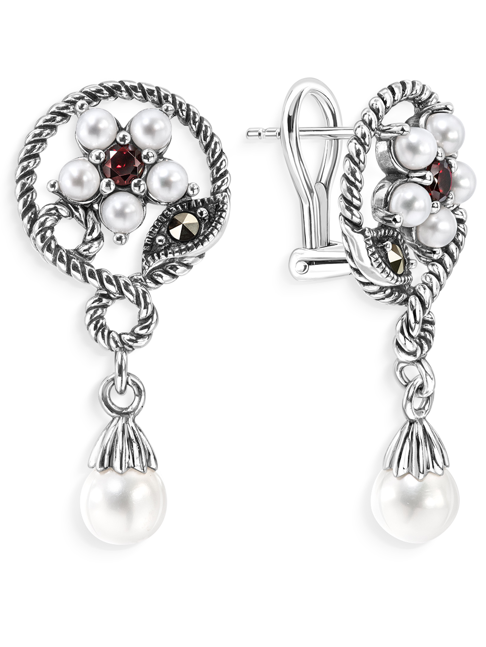 Серебряные серьги ALEXANDRE VASSILIEV с гранатами и марказитами Swarovski