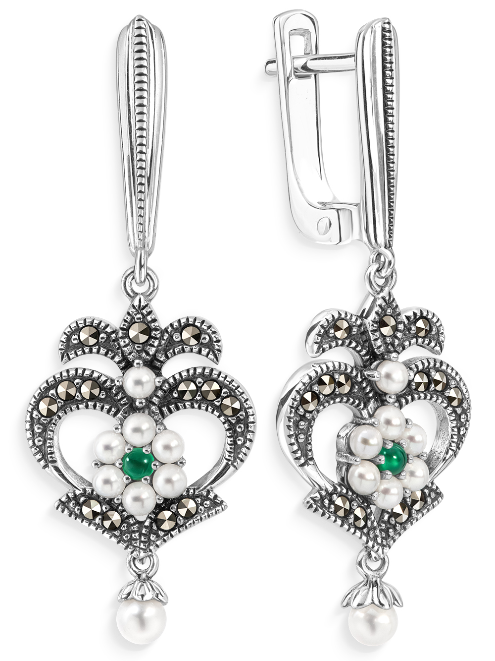 Серебряные серьги ALEXANDRE VASSILIEV с зеленым агатом, микрожемчугом и марказитами Swarovski