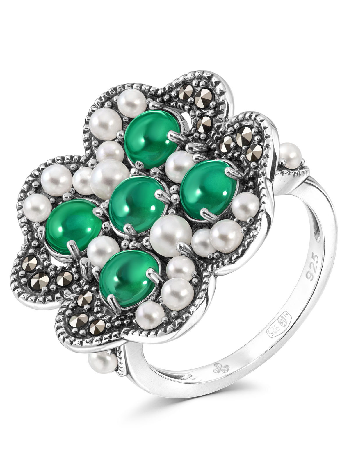 Серебряное кольцо ALEXANDRE VASSILIEV с зеленым агатом, микрожемчугом и марказитами Swarovski