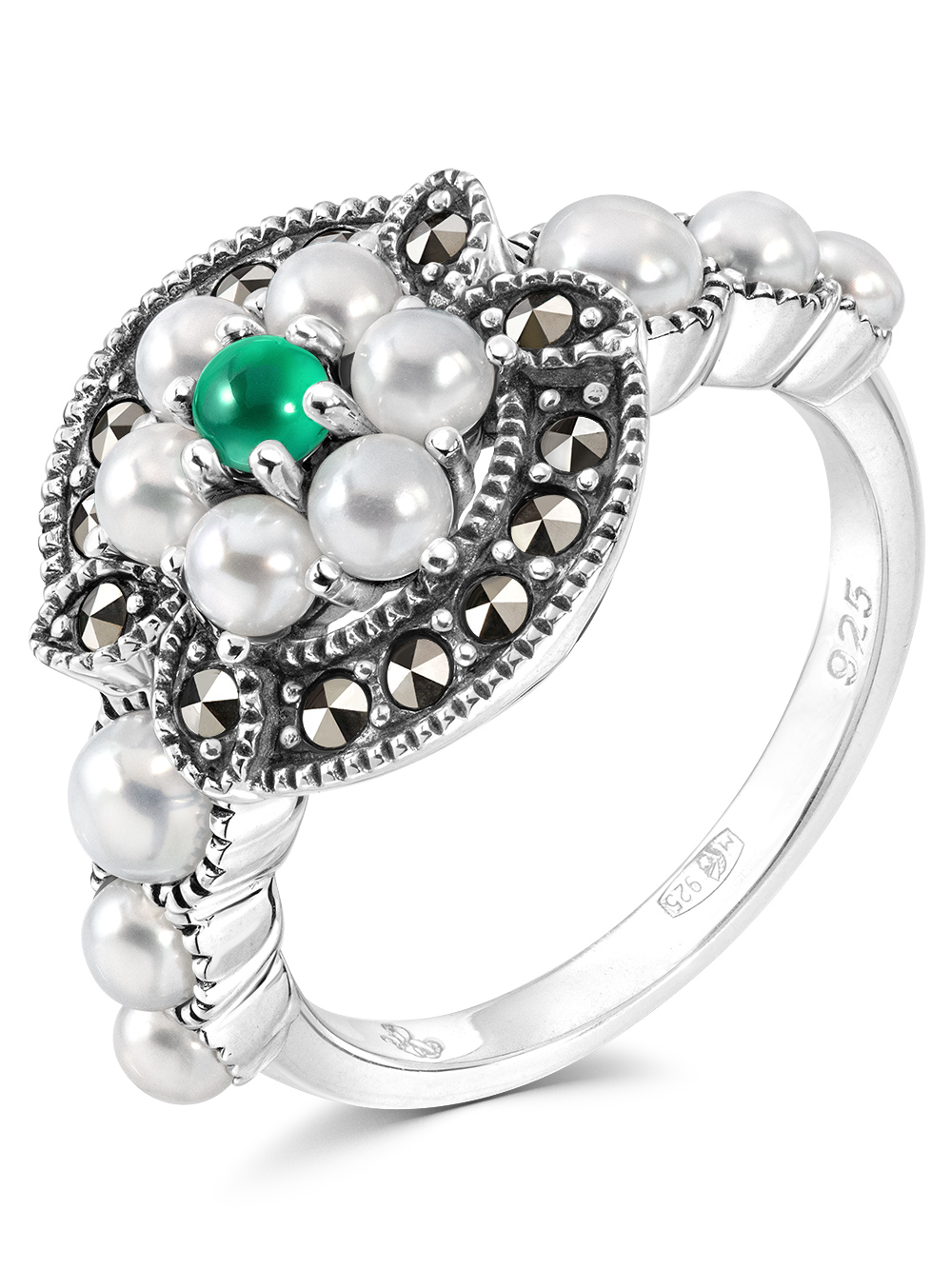 Серебряное кольцо ALEXANDRE VASSILIEV с зеленым агатом, микрожемчугом и марказитами Swarovski