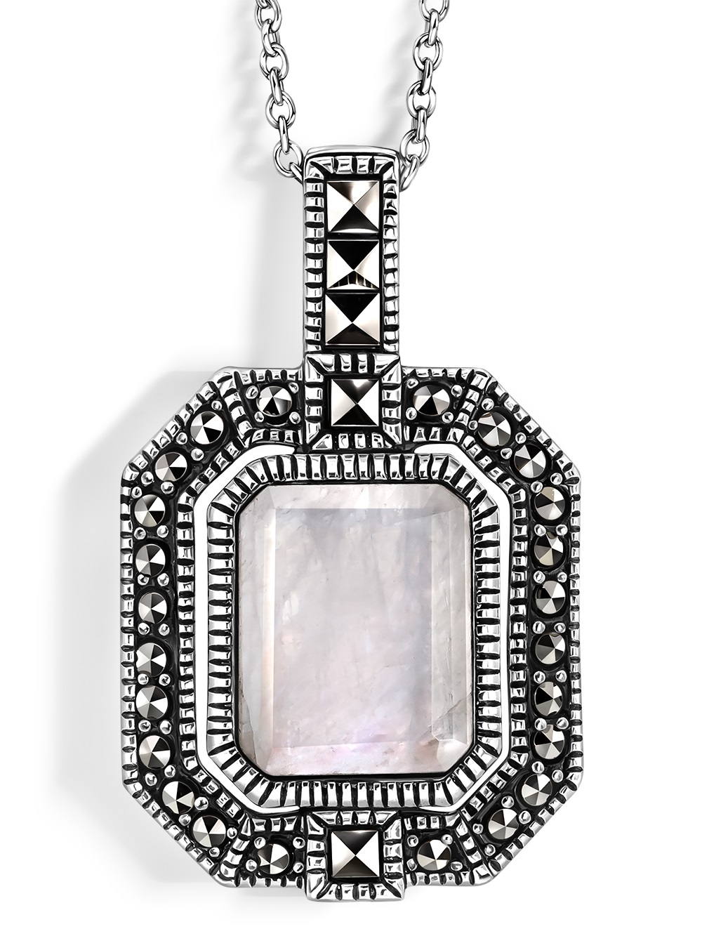 Серебряный кулон на цепи ALEXANDRE VASSILIEV с лунным камнем и марказитами Swarovski