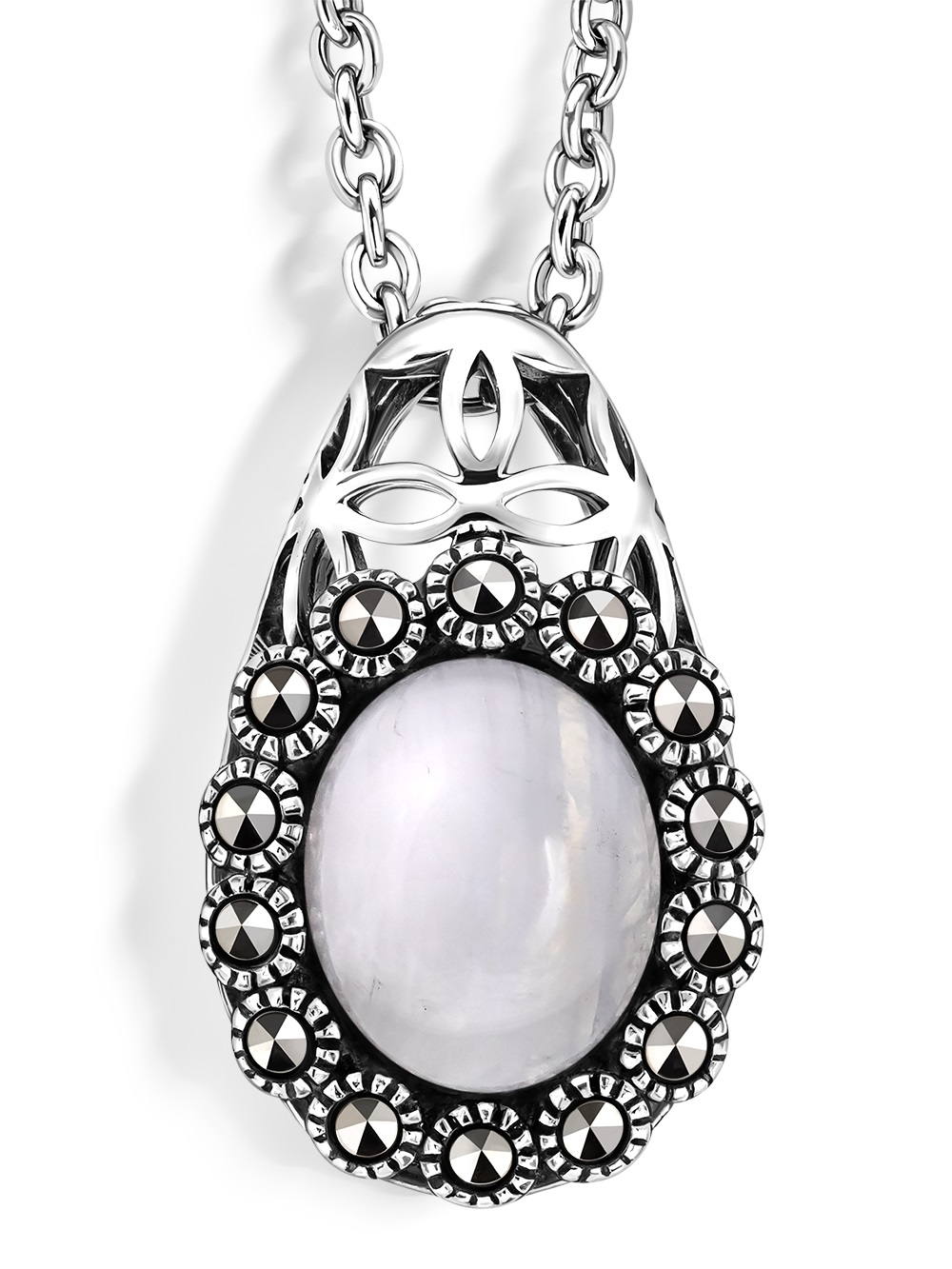 Серебряный кулон на цепи ALEXANDRE VASSILIEV с лунным камнем и марказитами Swarovski