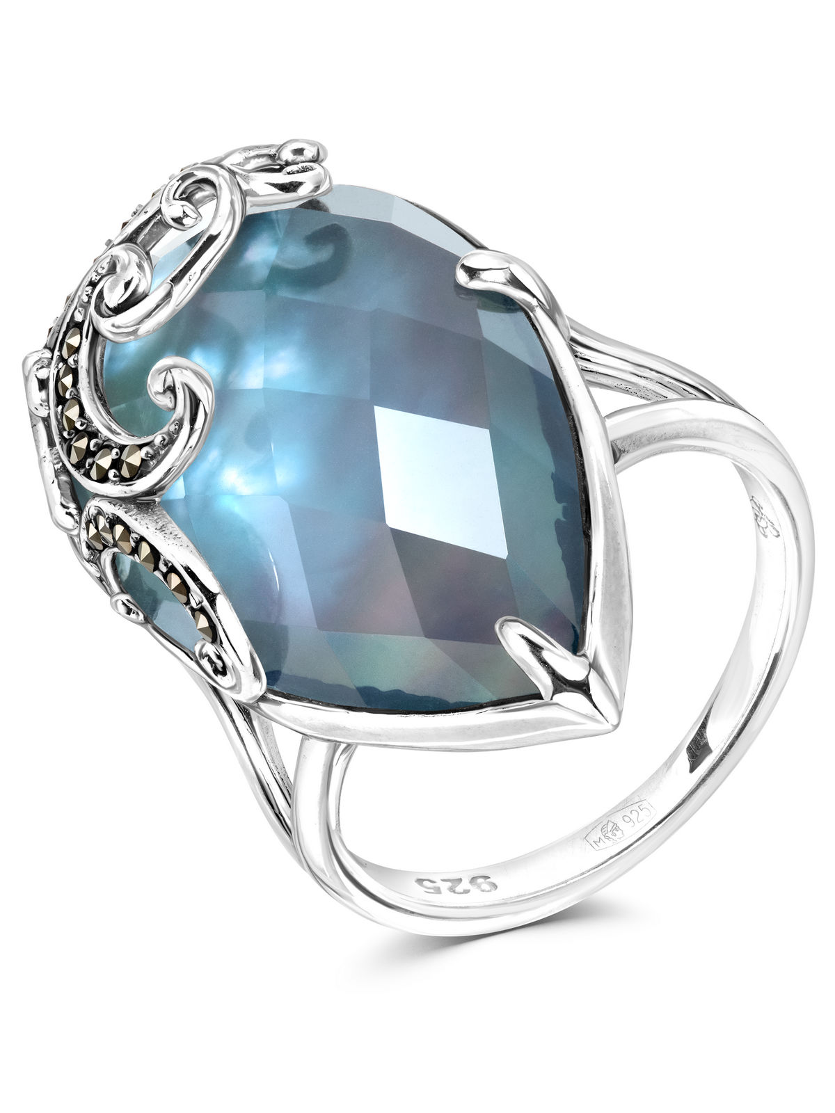 Серебряное кольцо ALEXANDRE VASSILIEV с перламутром, горным хрусталем и марказитами Swarovski