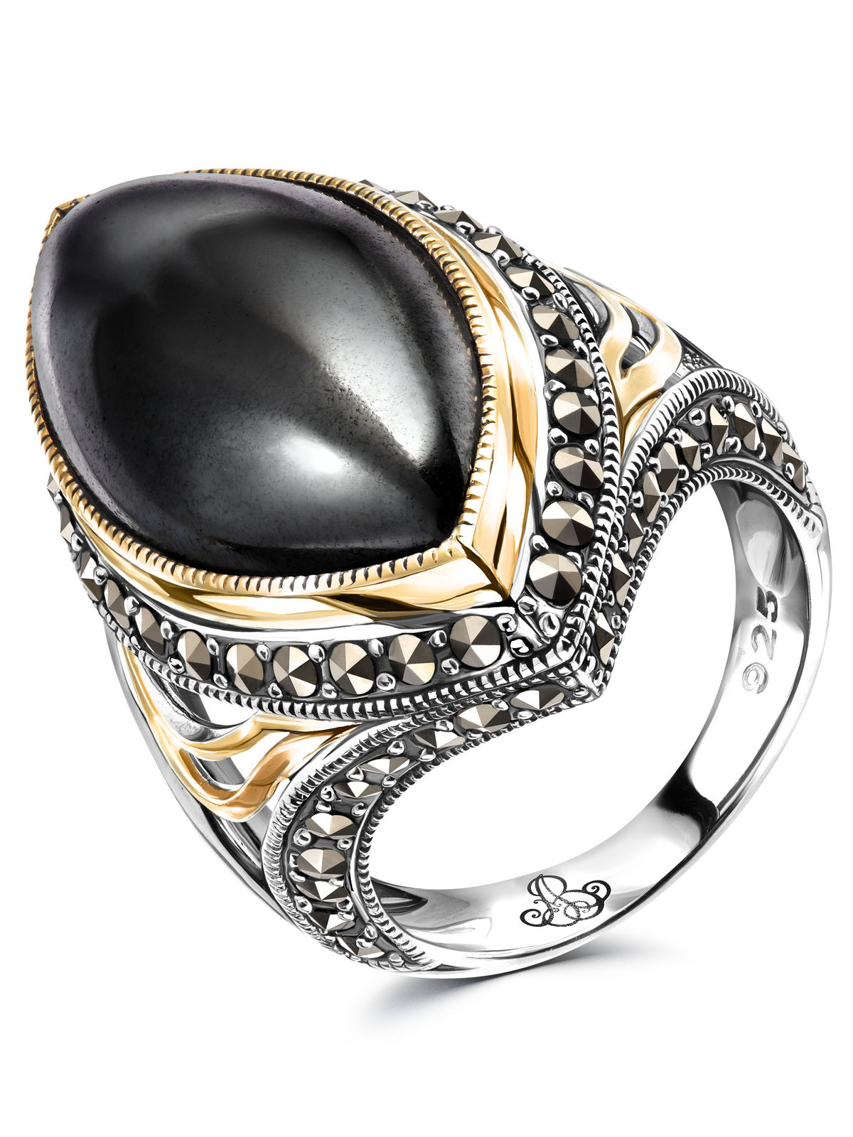 Серебряное кольцо ALEXANDRE VASSILIEV с гематитом, марказитами Swarovski и позолотой