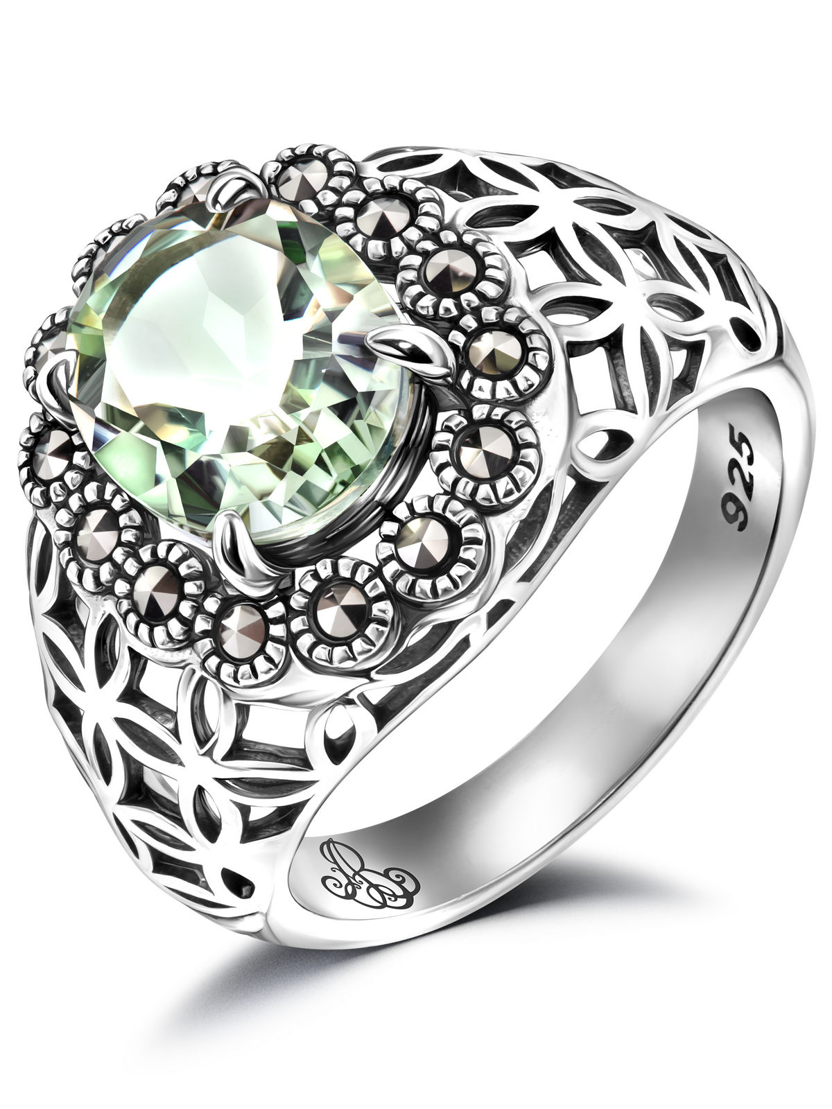 Серебряное кольцо ALEXANDRE VASSILIEV с зеленым аметистом и марказитами Swarovski