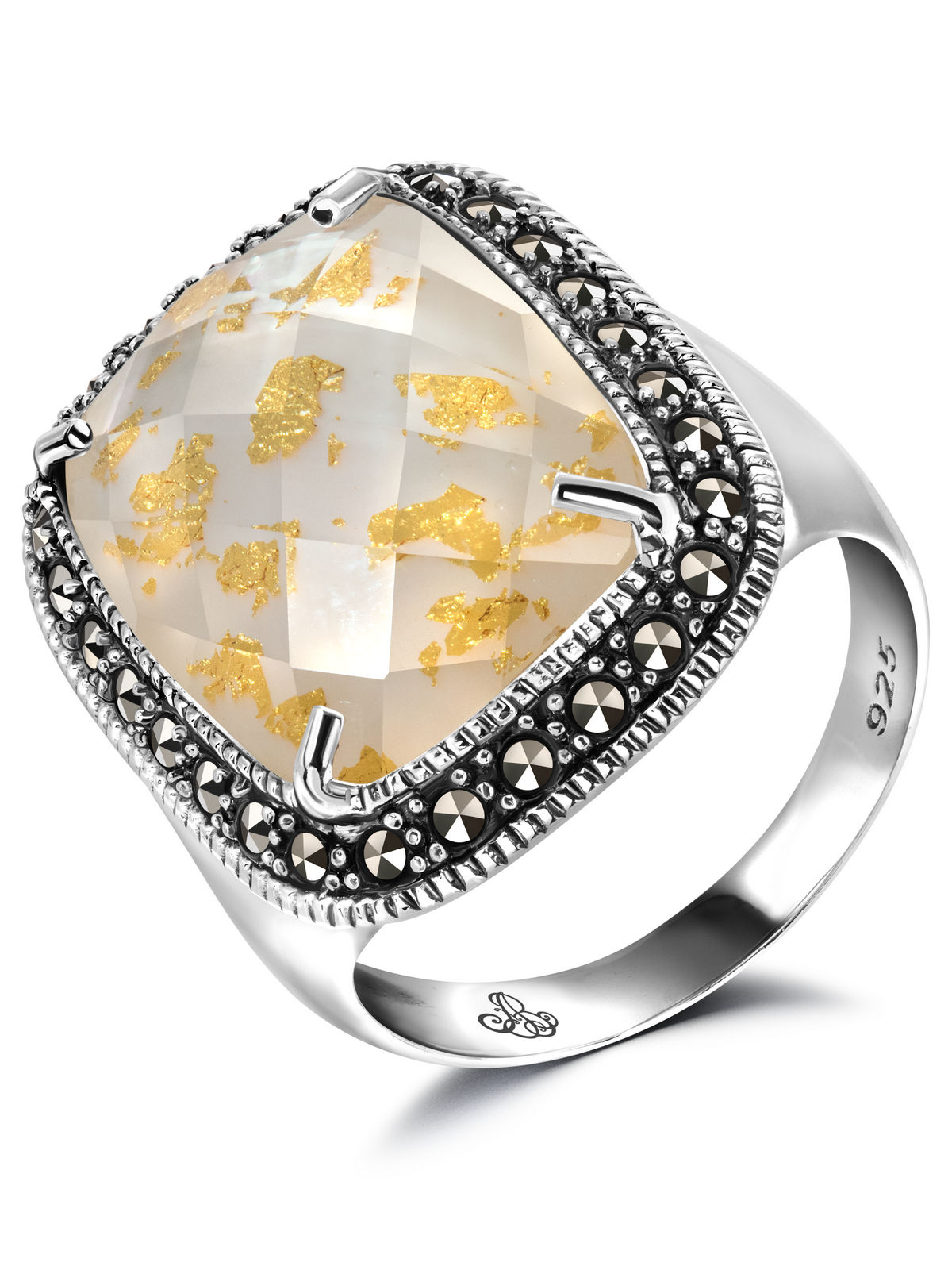 Серебряное кольцо ALEXANDRE VASSILIEV с перламутром, горным хрусталем и марказитами Swarovski