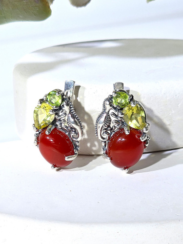 Серебряные серьги ETERI с сердоликом, хризолитом и лимонным кварцем 