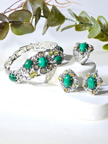 Серебряное кольцо ETERI с малахитом, хризолитом и цитрином