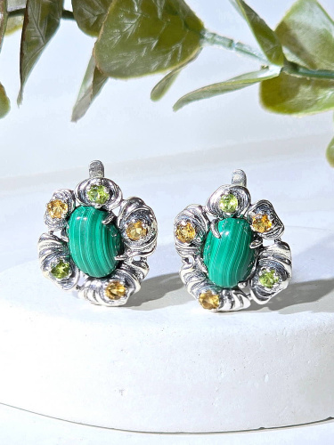 Серебряные серьги ETERI с малахитом, хризолитом и цитрином