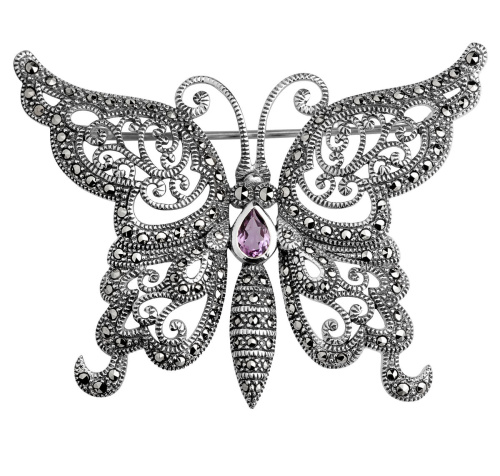 Серебряная брошь ALEXANDRE VASSILIEV с марказитами Swarovski и аметистом