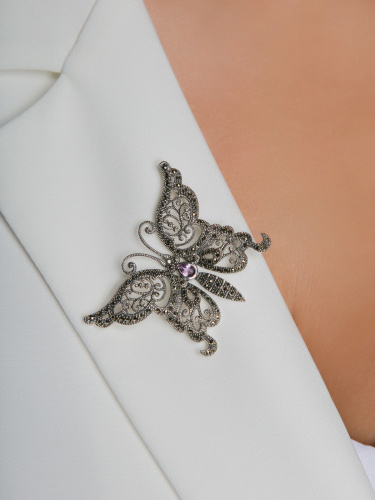 Серебряная брошь ALEXANDRE VASSILIEV с марказитами Swarovski и аметистом