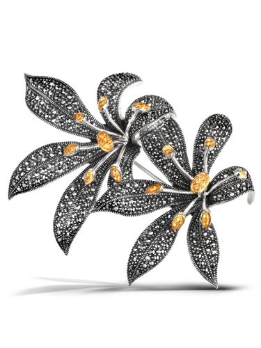 Серебряная брошь ALEXANDRE VASSILIEV с цитрином, марказитами Swarovski и позолотой