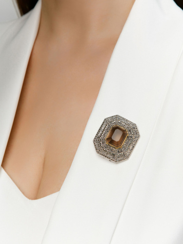 Серебряная брошь ALEXANDRE VASSILIEV с раухтопазом и марказитами Swarovski и позолотой