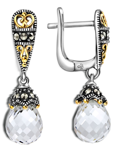 Серебряные серьги ALEXANDRE VASSILIEV с горным хрусталем. марказитами Swarovski и позолотой
