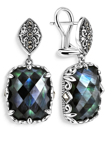 Серебряные серьги ALEXANDRE VASSILIEV с голубым кварцем, перламутром и марказитами Swarovski