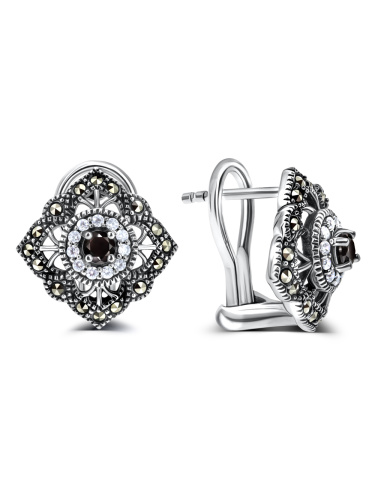 Серебряные серьги ALEXANDRE VASSILIEV с черной шпинелью, фианитами и марказитами Swarovski