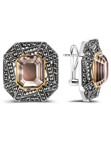Серебряные серьги ALEXANDRE VASSILIEV с раух-топазом, позолотой и марказитами Swarovski 