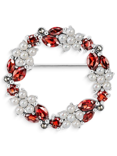 Серебряная брошь ALEXANDRE VASSILIEV с гранатом, микрожемчугом и марказитами Swarovski