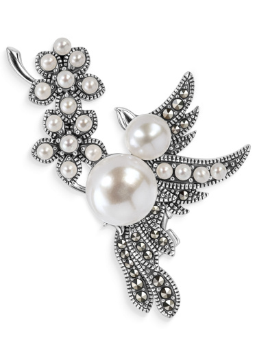 Серебряная брошь ALEXANDRE VASSILIEV с марказитами Swarovski, жемчугом и микрожемчугом