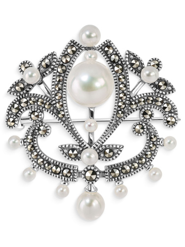Серебряная брошь ALEXANDRE VASSILIEV с марказитами Swarovski, жемчугом и микрожемчугом