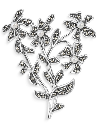 Серебряная брошь ALEXANDRE VASSILIEV с марказитами Swarovski и микрожемчугом
