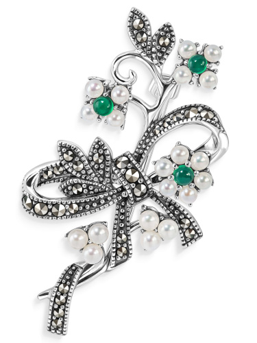Серебряная брошь ALEXANDRE VASSILIEV с зеленым агатом, марказитами Swarovski и микрожемчугом