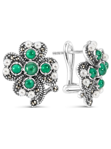 Серебряные серьги ALEXANDRE VASSILIEV с зеленым агатом, микрожемчугом и марказитами Swarovski