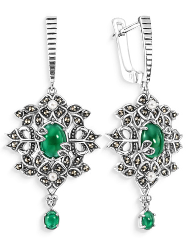 Серебряные серьги ALEXANDRE VASSILIEV с зеленым агатом, микрожемчугом и марказитами Swarovski