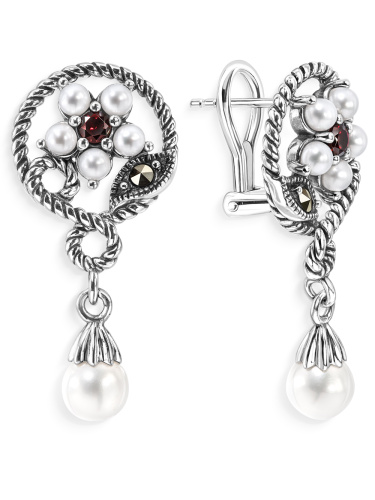 Серебряные серьги ALEXANDRE VASSILIEV с гранатами и марказитами Swarovski