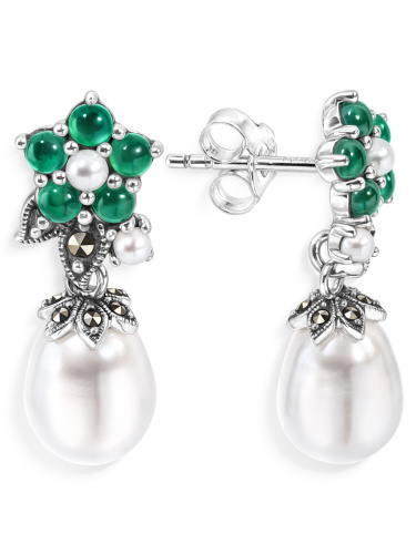 Серебряные серьги ALEXANDRE VASSILIEV с зеленым агатом, микрожемчугом и марказитами Swarovski
