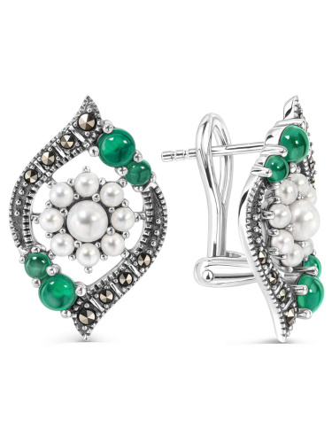 Серебряные серьги ALEXANDRE VASSILIEV с зеленым агатом, микрожемчугом и марказитами Swarovski