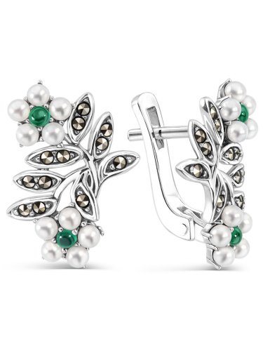 Серебряные серьги ALEXANDRE VASSILIEV с зеленым агатом, микрожемчугом и марказитами Swarovski