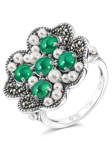 Серебряное кольцо ALEXANDRE VASSILIEV с зеленым агатом, микрожемчугом и марказитами Swarovski
