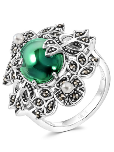 Серебряное кольцо ALEXANDRE VASSILIEV с зеленым агатом, микрожемчугом и марказитами Swarovski